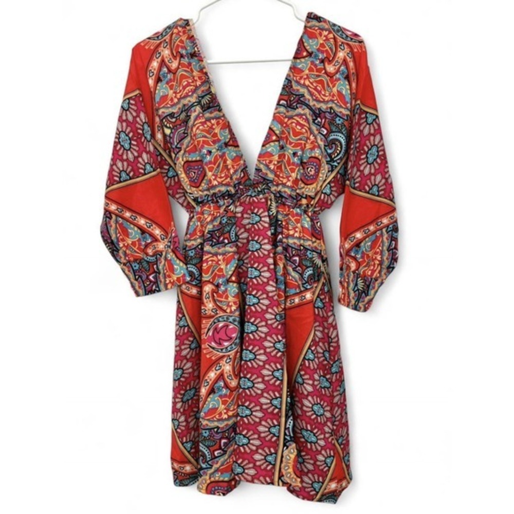 NWT Boho Paisley Floral V Neck Lightweight Dress Medium Vibrant Resort Vacation